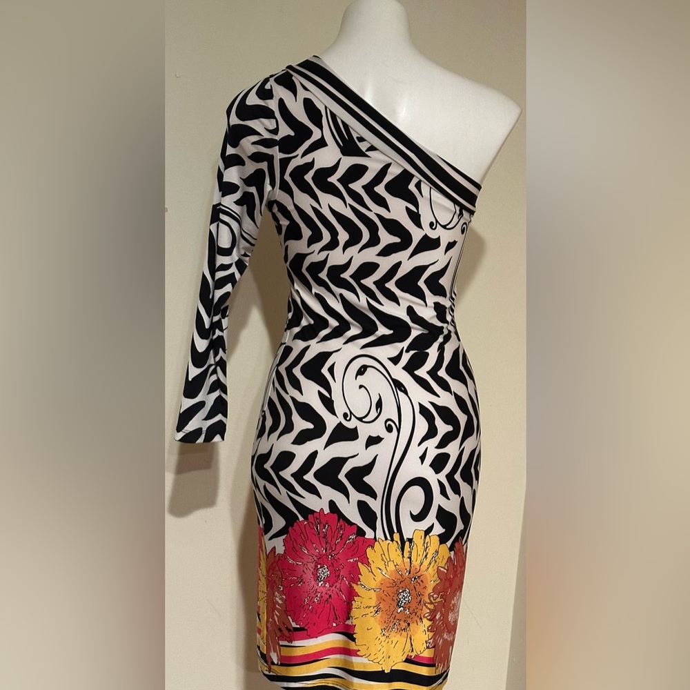 ANALILI Black White Abstract Floral One Shoulder Neck Line Body Con Dress Sz S - Picture 3 of 15